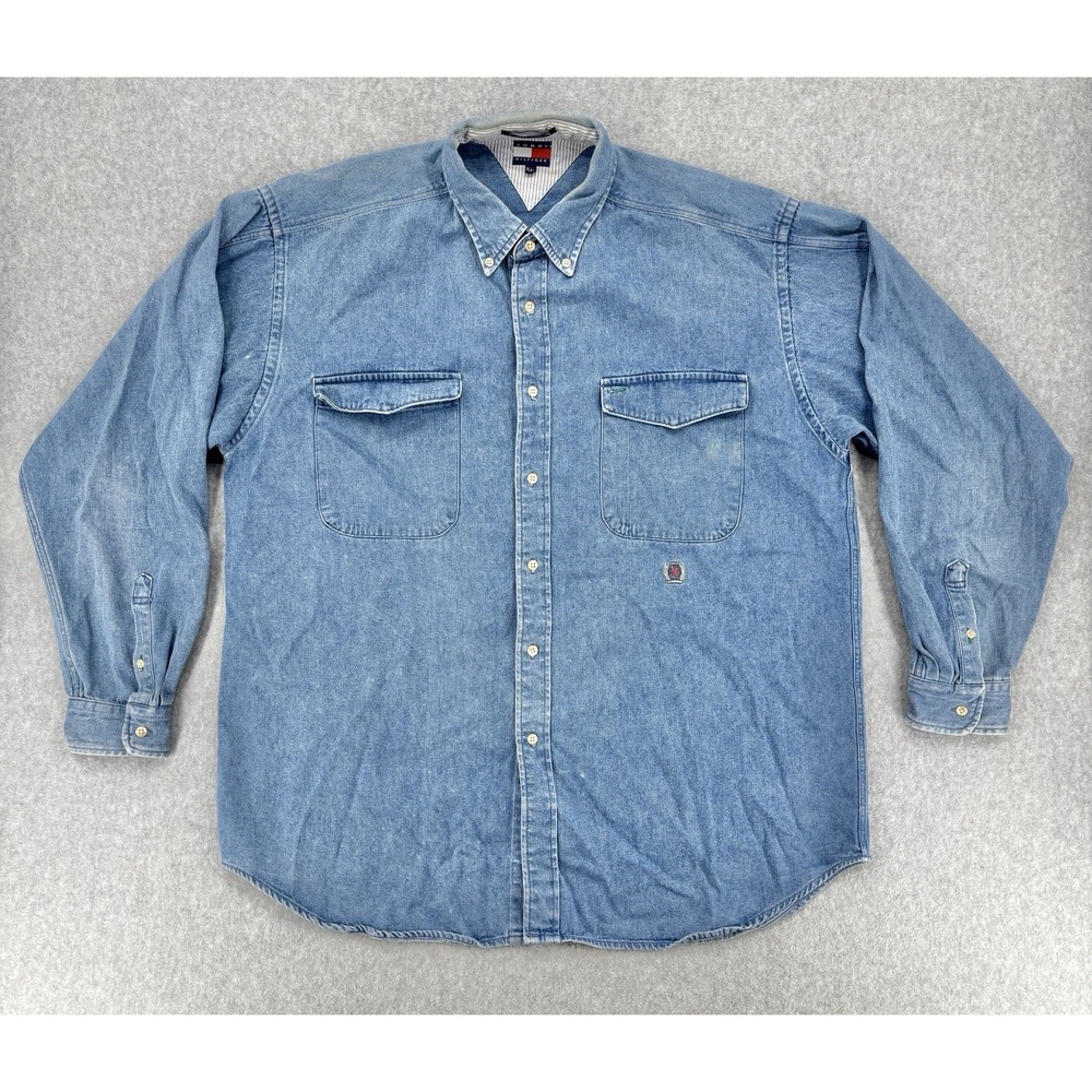 Tommy Hilfiger Denim Button Down Shirt XL Heavyweight Crest Logo‎